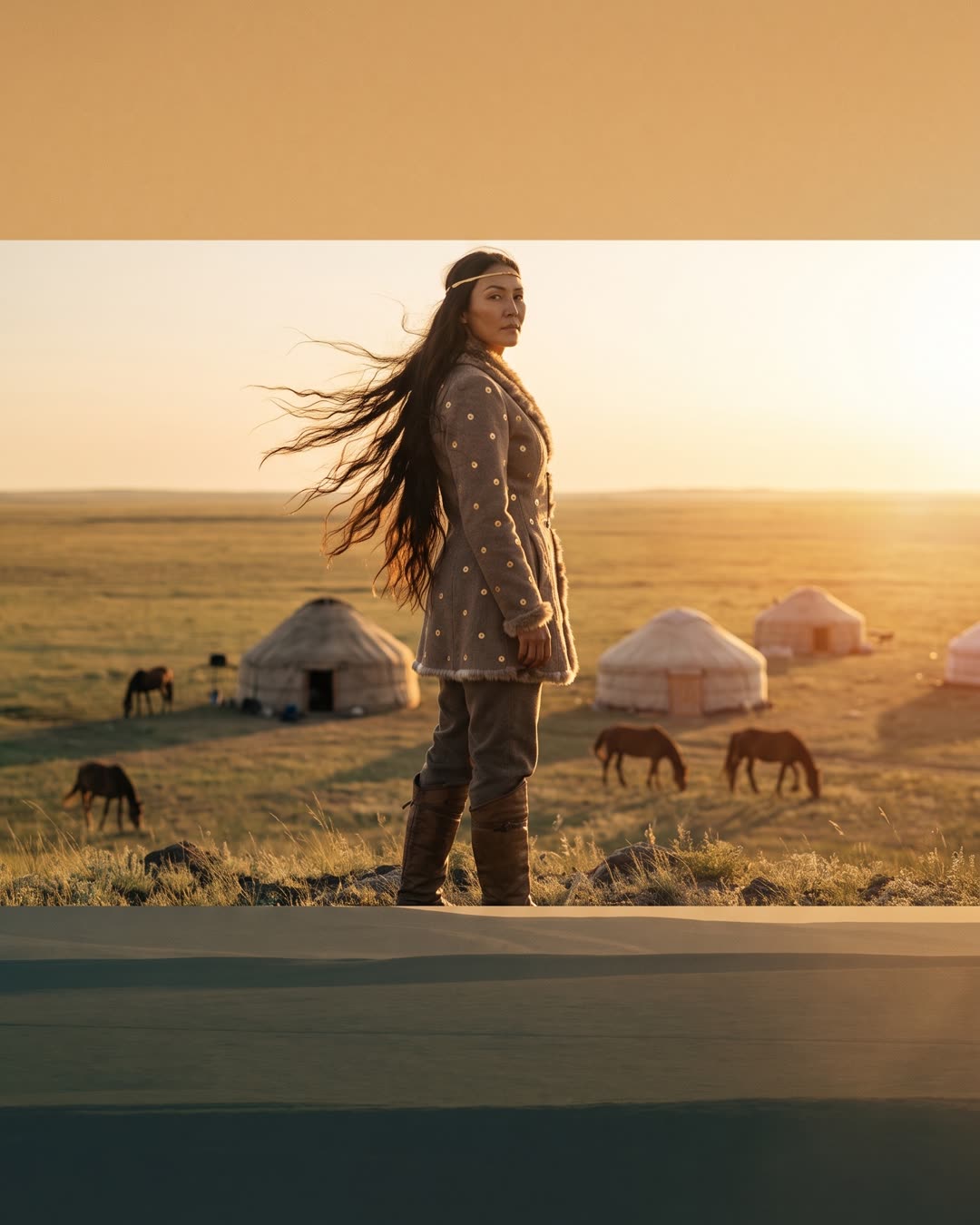 Su cabello, fuerte y lleno de vida, atrapando la luz a cada movimiento del caballo.